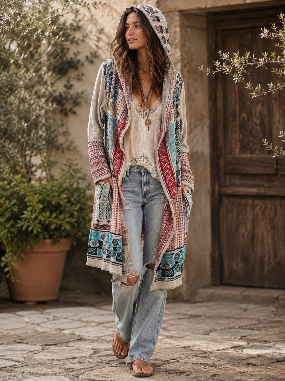 Johnny Was Biya Embroidered Hooded Open Cardigan Duster Sweater Pockets Small